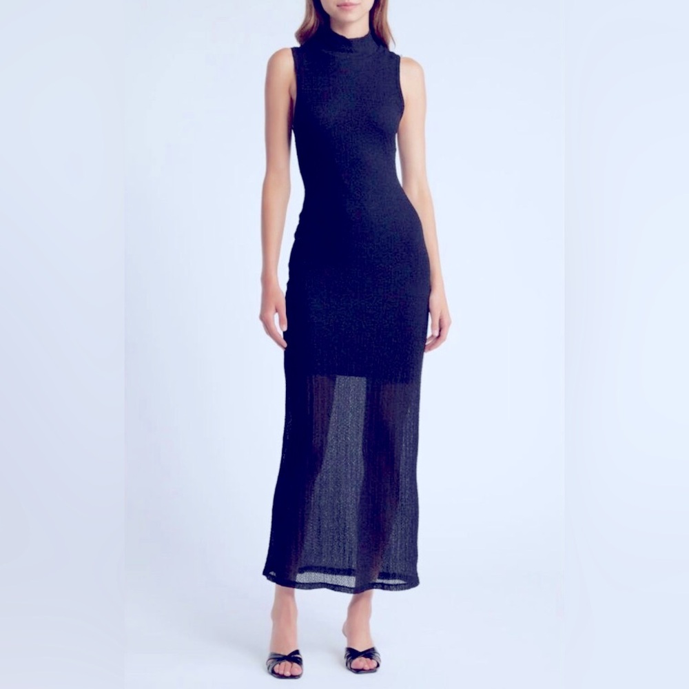 Frame Mesh Mockneck Sleeveless Maxi-Dress, Black, Extra Small